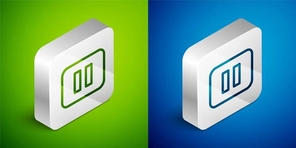 Isometric line Pause button icon isolated on green and blue background. Silver Illustrazione stock