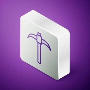 Isometric line Pickaxe icon isolated on purple background. Silver square button Illustrazione stock