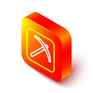 Isometric line Pickaxe icon isolated on white background. Orange square button Stock Illustration