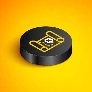 Isometric line Pirate treasure map icon isolated on yellow background. Blac.. Illustrazione stock