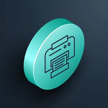 Isometric line Printer icon isolated on black background. Turquoise circle Stock Illustration