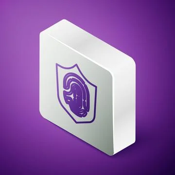 Isometric line Protection shield encoded fingerprint icon isolated on purple Illustration
