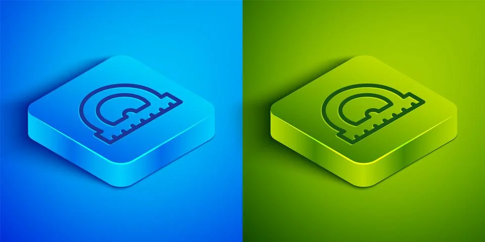 Isometric line Protractor grid for measuring degrees icon isolated on blue and Stock Illustration