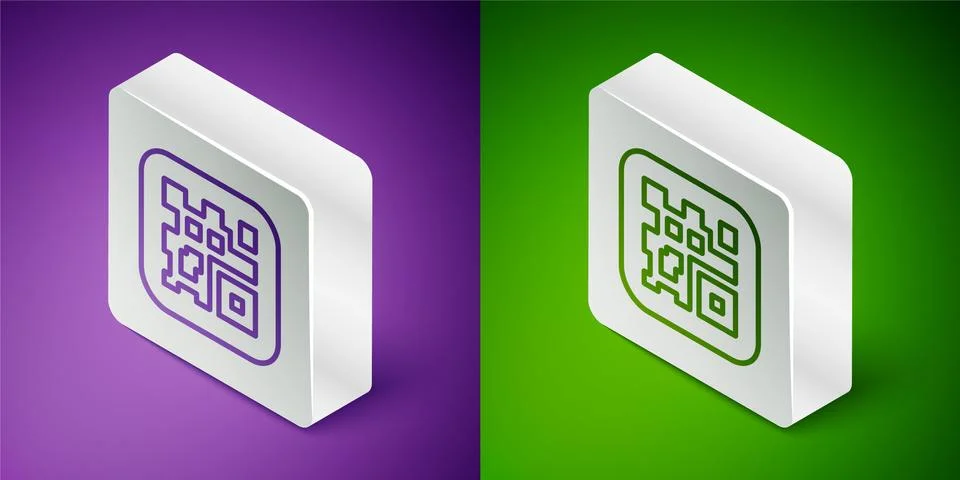 Isometric line QR code sample for smartphone scanning icon isolated on purple Stock Illustration