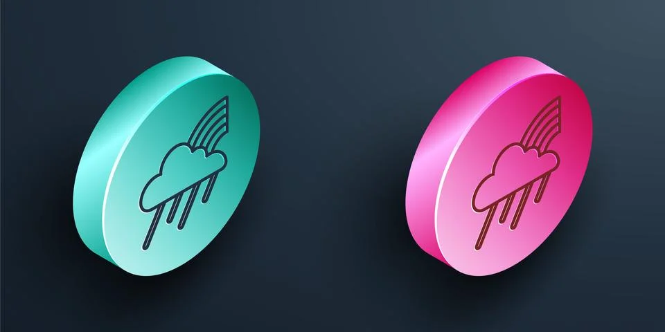 Isometric line Rainbow with cloud and rain icon isolated on black background Stock Illustration