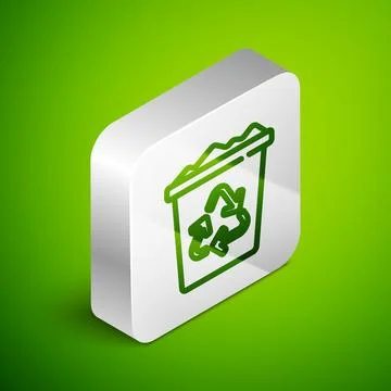 Isometric line Recycle bin with recycle symbol icon isolated on green backgro Stock Illustration