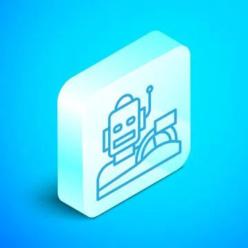 Isometric line Robot humanoid driving a car icon isolated on blue background. Stock Illustration