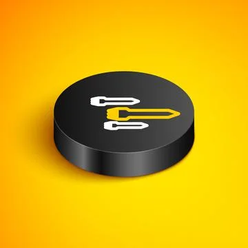 Isometric line Rocket icon isolated on yellow background. Black circle button Illustrazione stock