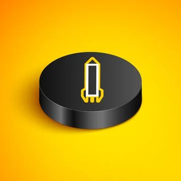 Isometric line Rocket icon isolated on yellow background. Black circle button Stock Illustration