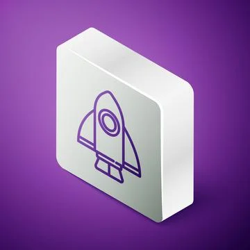 Isometric line Rocket ship icon isolated on purple background. Space travel Illustrazione stock