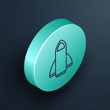 Isometric line Rocket ship icon isolated on black background. Space travel Illustrazione stock