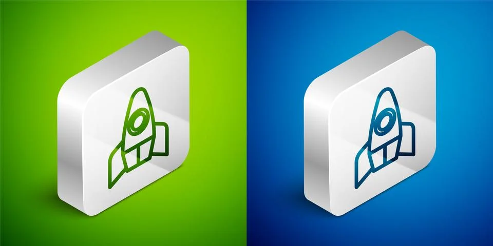 Isometric line Rocket ship icon isolated on green and blue background. Space Illustrazione stock