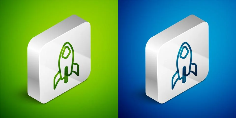 Isometric line Rocket ship icon isolated on green and blue background. Space Illustrazione stock