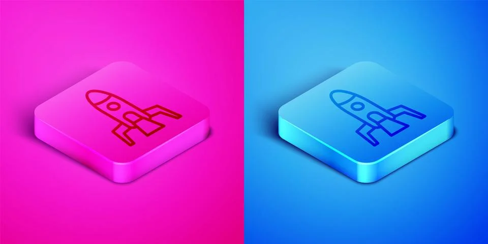 Isometric line Rocket ship icon isolated on pink and blue background. Space t Stock Illustration