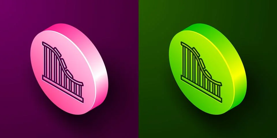 Isometric line Roller coaster icon isolated on purple and green background 스톡 일러스트