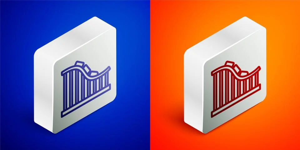 Isometric line Roller coaster icon isolated on blue and orange background Stock Illustration