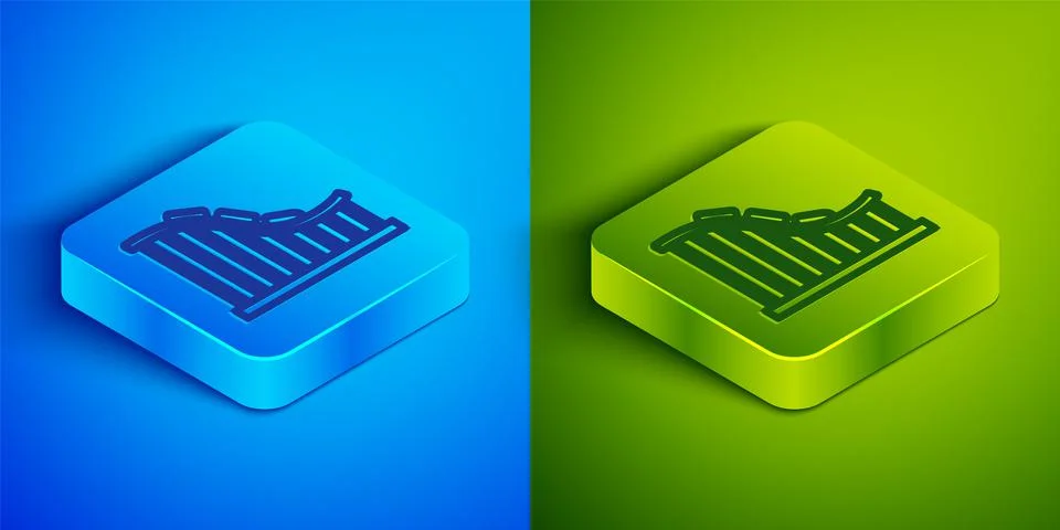 Isometric line Roller coaster icon isolated on blue and green background Stock Illustration