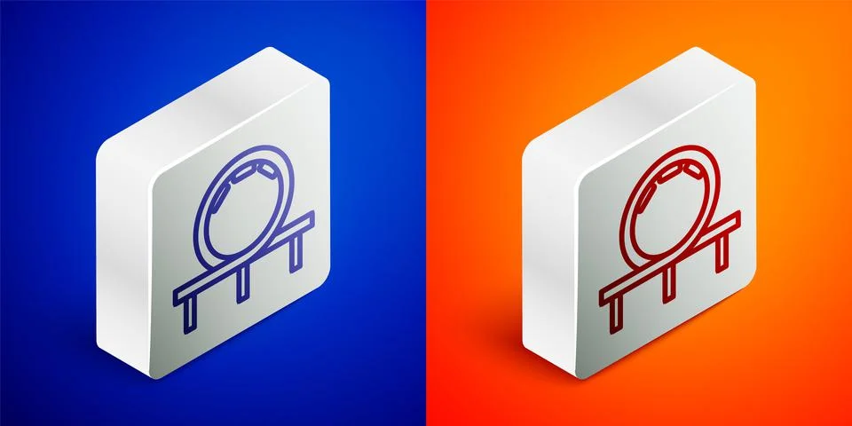 Isometric line Roller coaster icon isolated on blue and orange background Stock Illustration