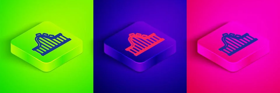 Isometric line Roller coaster icon isolated on green, blue and pink backgro.. Stock Illustration