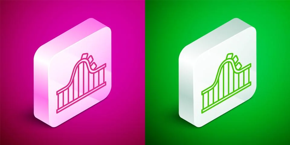 Isometric line Roller coaster icon isolated on pink and green background. Amu Stock Illustration