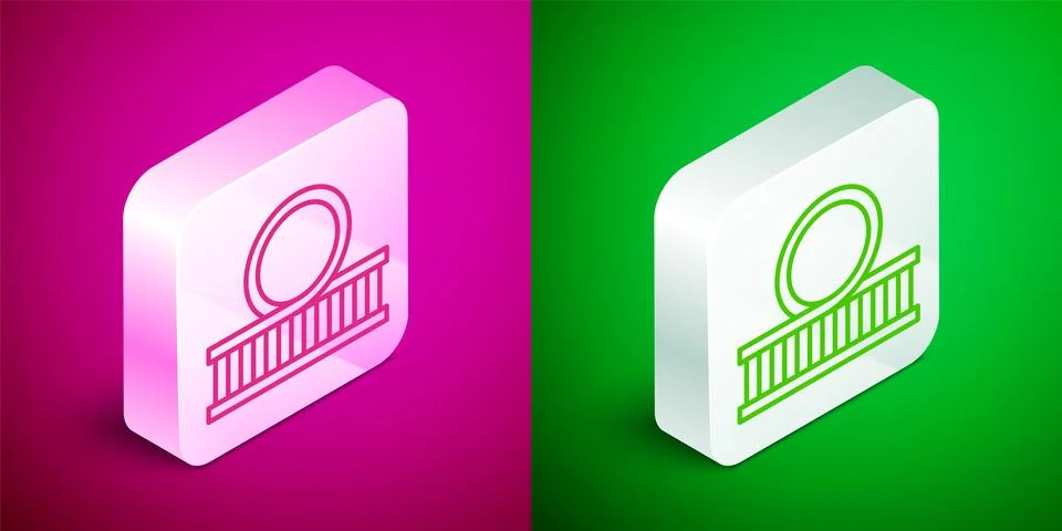 Isometric line Roller coaster icon isolated on pink and green background. A.. Stock Illustration
