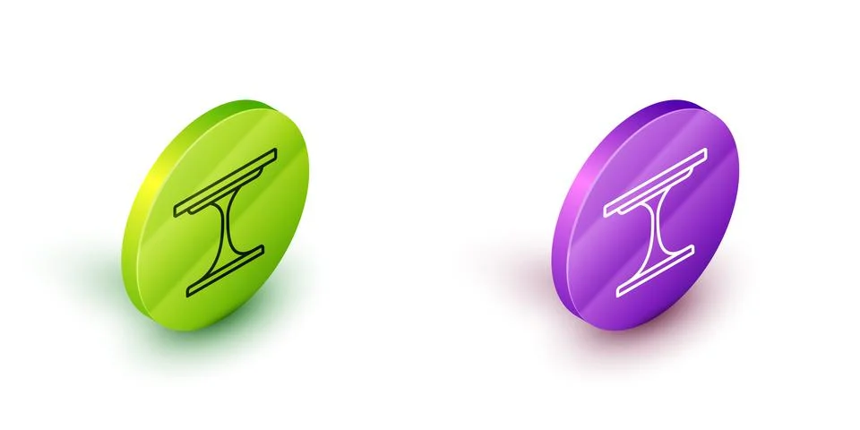 Isometric line Round table icon isolated on white background. Green and purple Illustrazione stock