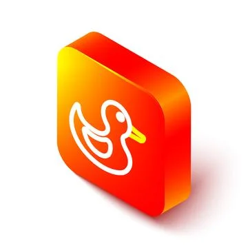 Isometric line Rubber duck icon isolated on white background. Orange square.. Illustrazione stock