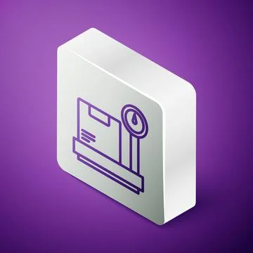 Isometric line Scale with cardboard box icon isolated on purple background Illustration