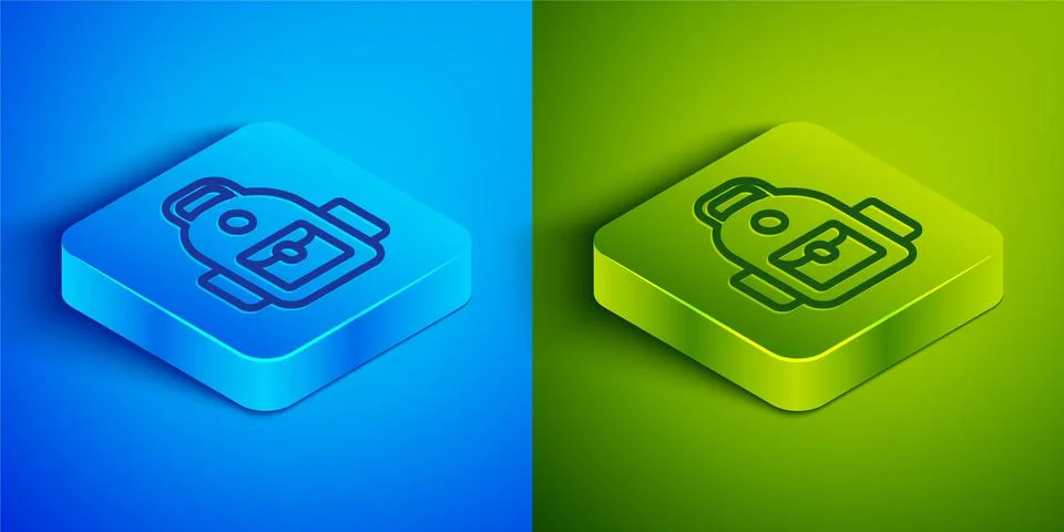Isometric line School backpack icon isolated on blue and green background Stock Illustration