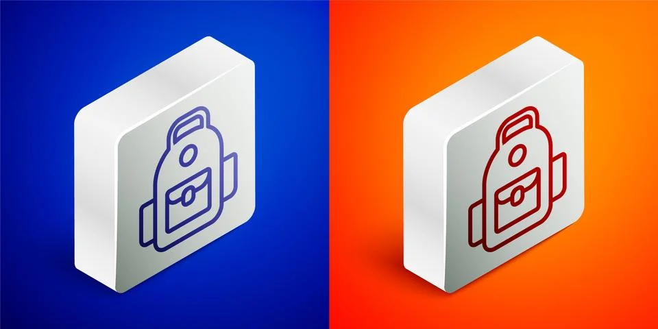 Isometric line School backpack icon isolated on blue and orange background Stock Illustration