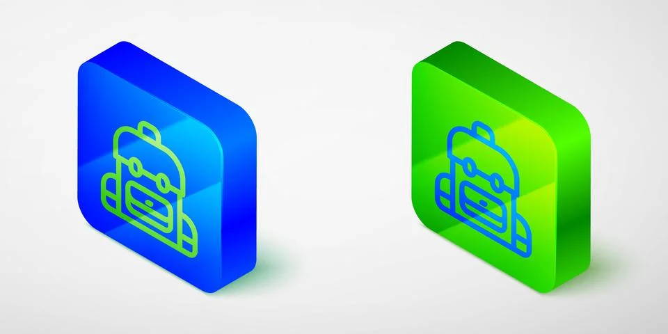 Isometric line School backpack icon isolated grey background. Blue and green Stock Illustration