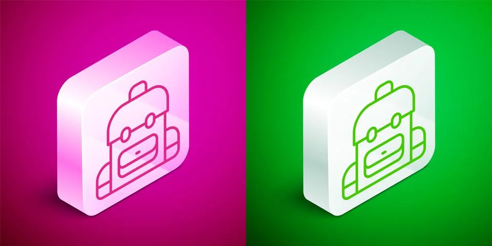 Isometric line School backpack icon isolated on pink and green background Stock Illustration