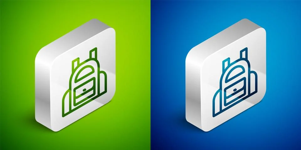 Isometric line School backpack icon isolated on green and blue background. .. Stock Illustration