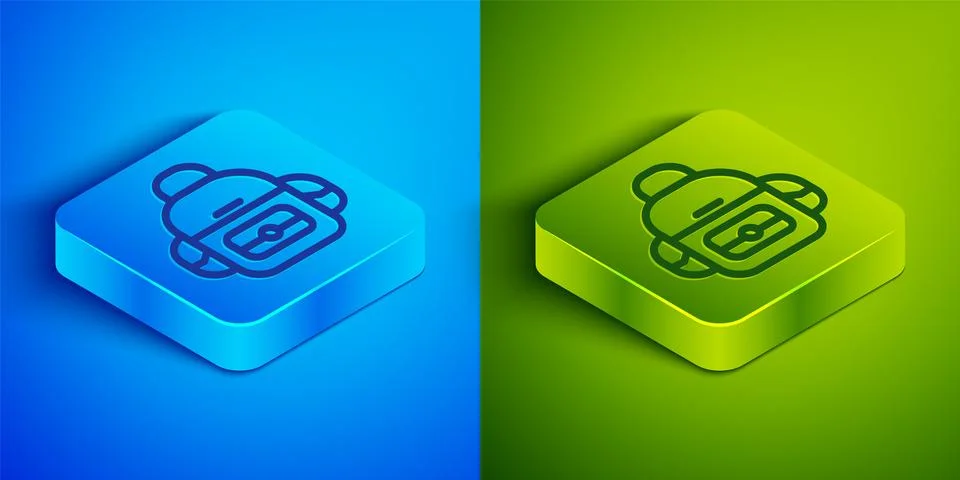 Isometric line School backpack icon isolated on blue and green background. Sq Stockillustratie