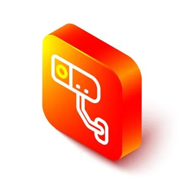 Isometric line Security camera icon isolated on white background. Orange square Illustrazione stock
