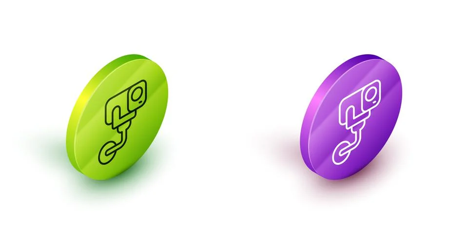Isometric line Security camera icon isolated on white background. Green and p Illustrazione stock