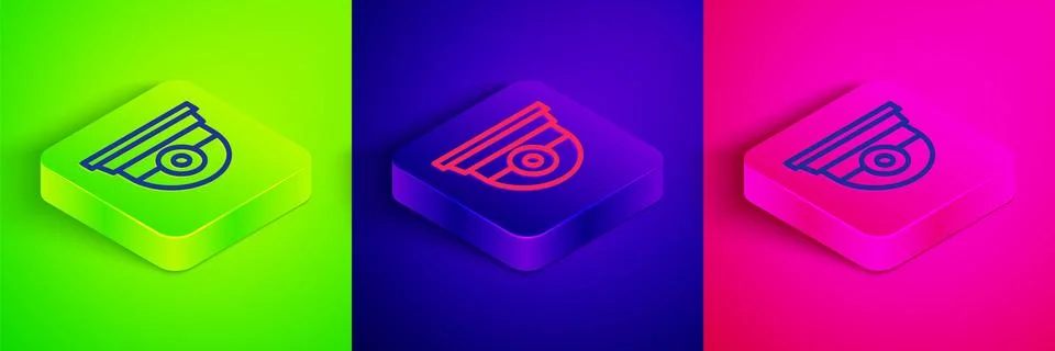 Isometric line Security camera icon isolated on green, blue and pink background Illustrazione stock