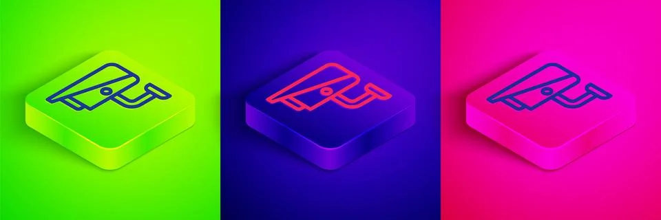 Isometric line Security camera icon isolated on green, blue and pink background Illustrazione stock