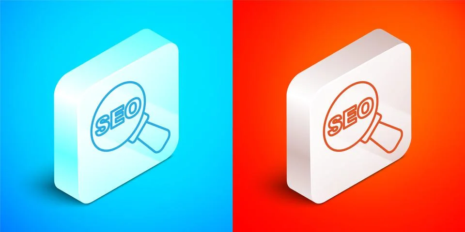 Isometric line SEO optimization icon isolated on blue and red background. Silver Stock Illustration