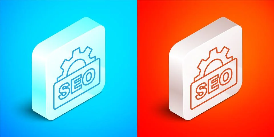 Isometric line SEO optimization icon isolated on blue and red background. Silver Stock Illustration