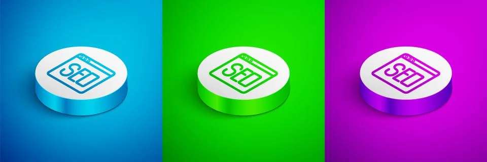 Isometric line SEO optimization icon isolated on blue, green and purple Stock Illustration