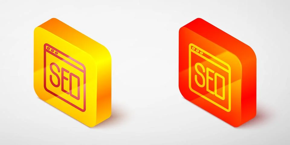 Isometric line SEO optimization icon isolated on grey background. Yellow and Stock Illustration