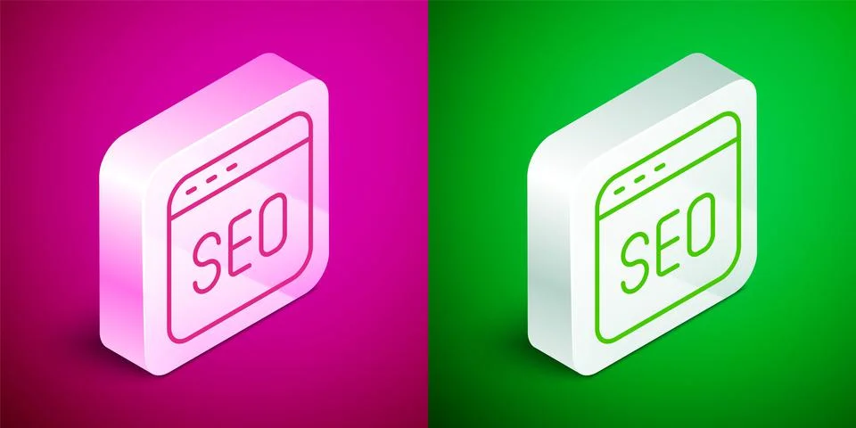 Isometric line SEO optimization icon isolated on pink and green background Stock Illustration