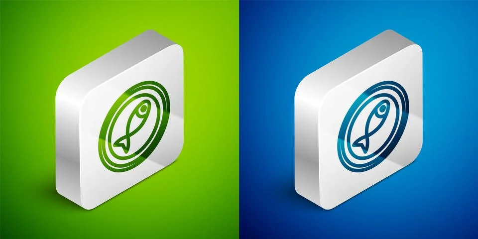 Isometric line Served fish on a plate icon isolated on green and blue backg.. Illustrazione stock