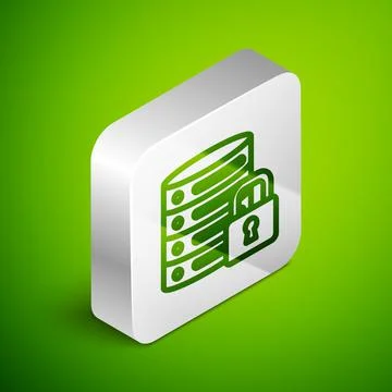 Isometric line Server security with closed padlock icon isolated on green Stock Illustration