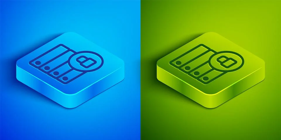 Isometric line Server security with closed padlock icon isolated on blue and Stock Illustration
