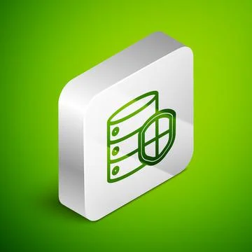 Isometric line Server with shield icon isolated on green background. Protection Stock Illustration