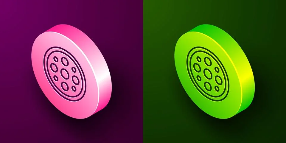 Isometric line Sewing button for clothes icon isolated on purple and green Illustrazione stock