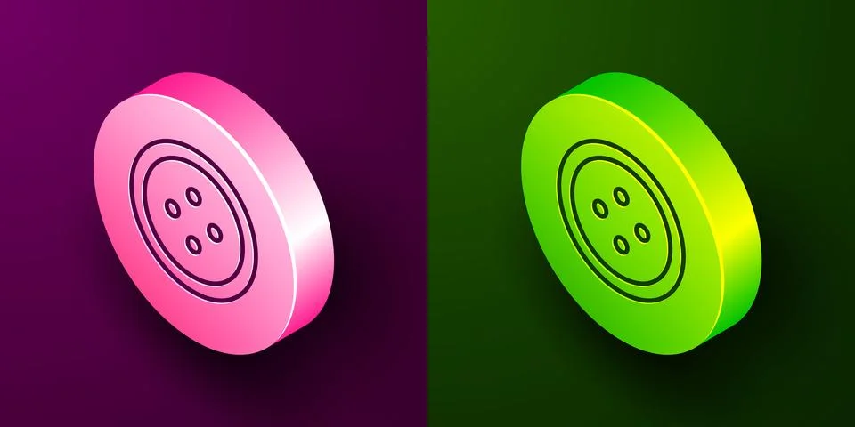 Isometric line Sewing button for clothes icon isolated on purple and green .. Stock Illustration