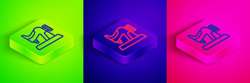 Isometric line Sewing machine icon isolated on green, blue and pink background Stock Illustration